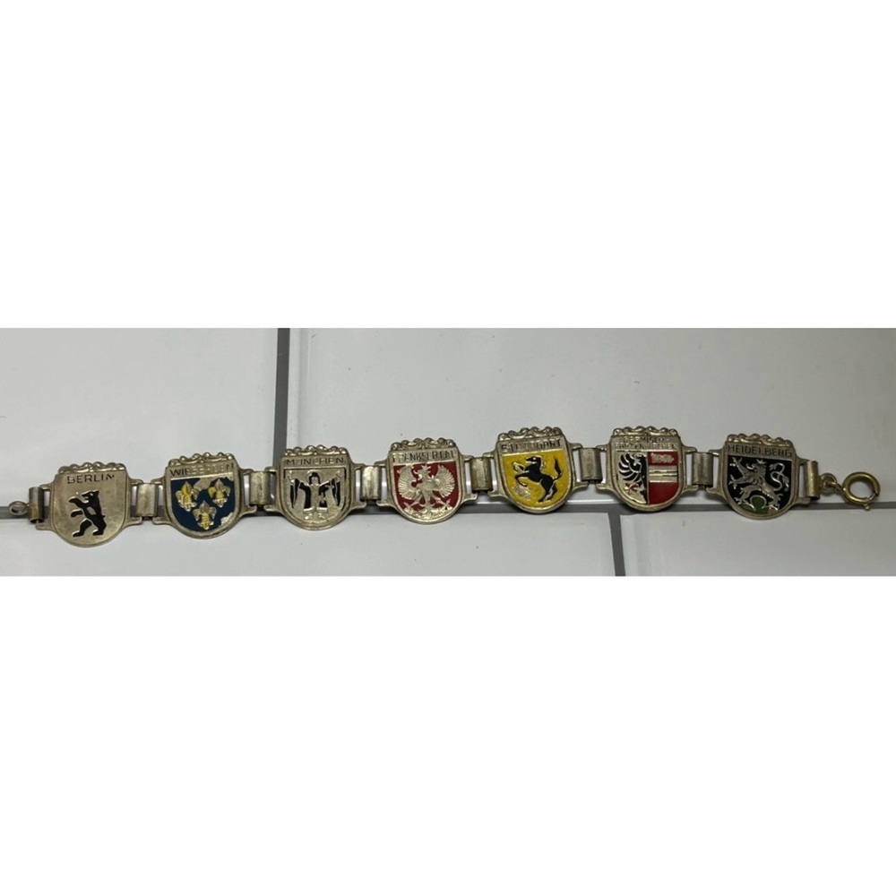 Vintage Metal Souvenir Germany 7 Cities Crest Shield Enamel Panel Link Bracelet